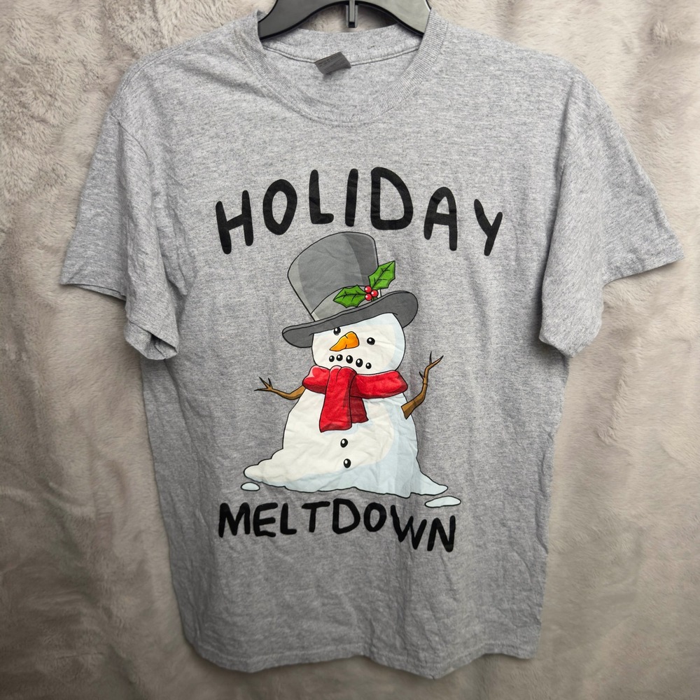 Holiday‎ Meltdown Snowman Christmas Graphic T Shirt Gray Short Sleeve Unisex M